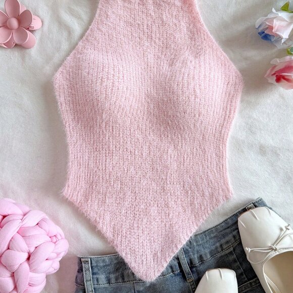 Casual Pink Women's High Neck Asymmetrical Hem Sleeveless Vest - Picture 4 of 6